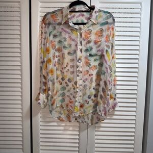 Equipment Multicolor Feather Print Sheer Button Down Shirt